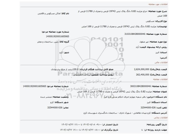 مزایده، مزایده 0.82 دانگ پلاک ثبتی 19742 فرعی و مجزی از 11780 فرعی از 169 اصلی
