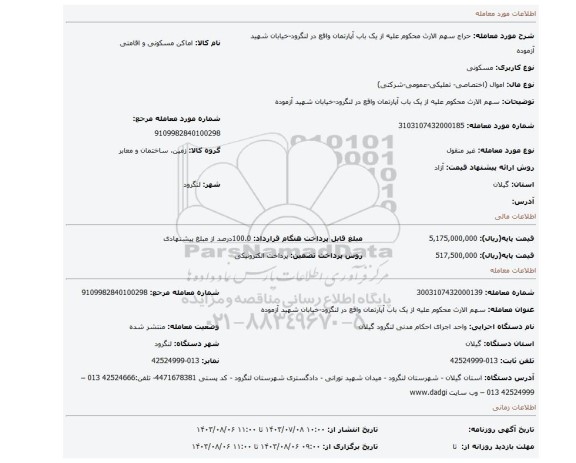 مزایده، سهم الارث محکوم علیه از یک باب آپارتمان واقع در لنگرود-خیابان شهید آزموده
