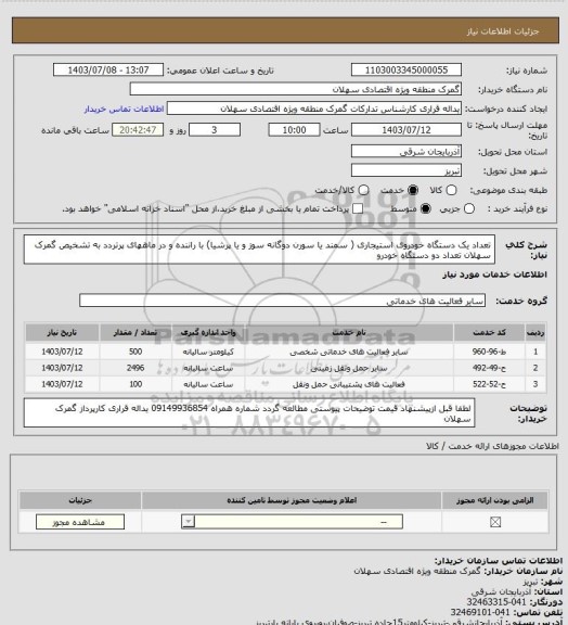 استعلام تعداد یک دستگاه خودروی استیجاری ( سمند یا سورن دوگانه سوز و یا پرشیا) با راننده و در ماههای پرتردد به تشخیص گمرک سهلان تعداد دو دستگاه خودرو