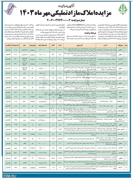 مزایده املاک مازاد تملیکی