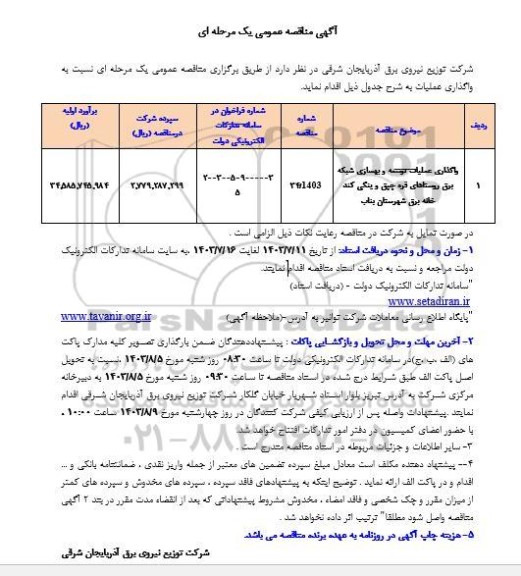 مناقصه واگذاری عملیات توسعه و بهسازی شبکه برق روستاهای 