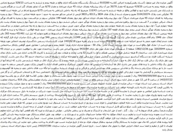 مزایده ششدانگ یکدستگاه نمایشگاه اداری واقع در طبقه پنجم و ششم به مساحت 529/23 مترمربع