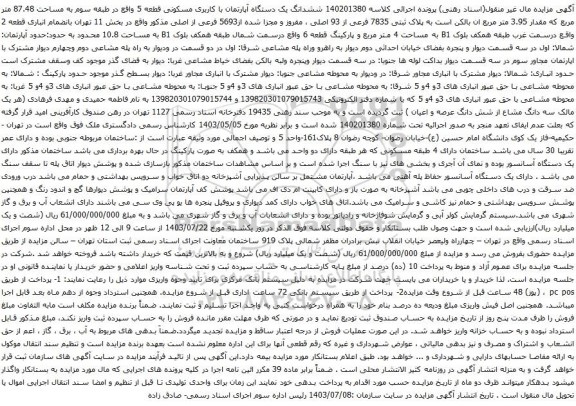 مزایده ششدانگ یک دستگاه آپارتمان با کاربری مسکونی قطعه 5