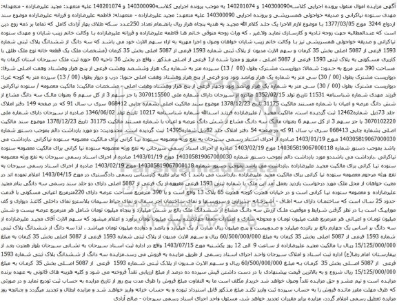 مزایده سه دانگ از ششدانگ پلاک ثبتی شماره 1593 فرعی از 5087 اصلی بخش 35 کرمان