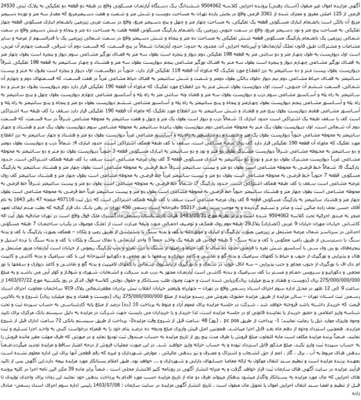 مزایده ششدانگ یک دستگاه آپارتمان مسکونی واقع در طبقه دو قطعه دو تفکیکی به پلاک ثبتی 24530 فرعی از 125 اصلی