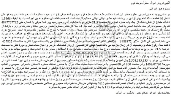 مزایده ششدانگ عرص و اعیان ملک تجاری مورد نظر به مساحت عرصه 21.5  مترمربع 