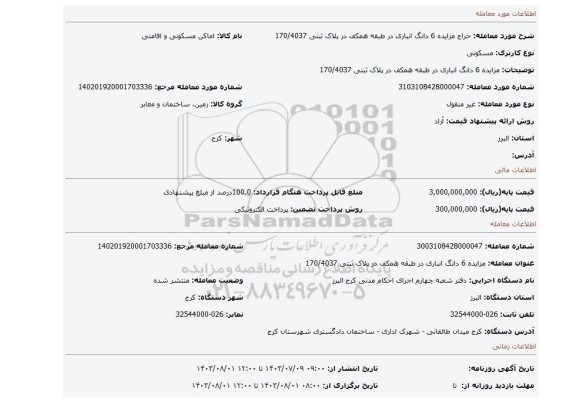 مزایده، مزایده 6 دانگ انباری در طبقه همکف در پلاک ثبتی 170/4037