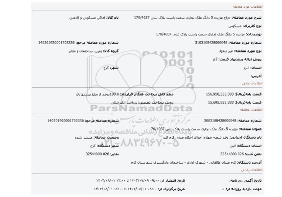 مزایده، مزایده 5 دانگ ملک تجاری سمت راست پلاک ثبتی 170/4037