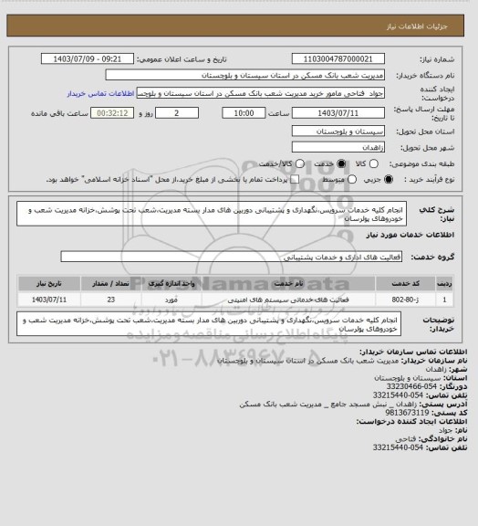 استعلام انجام کلیه خدمات سرویس،نگهداری و پشتیبانی دوربین های مدار بسته مدیریت،شعب تحت پوشش،خزانه مدیریت شعب و خودروهای پولرسان