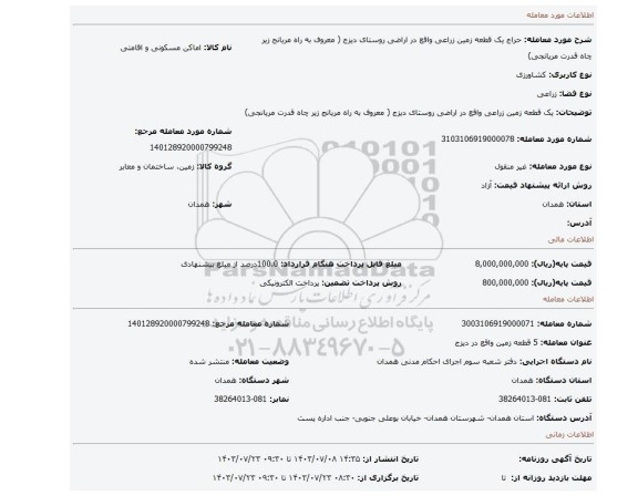 مزایده، یک قطعه زمین زراعی واقع در اراضی روستای دیزج ( معروف به راه مریانج زیر چاه قدرت مریانجی)