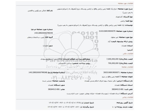 مزایده، یک قطعه زمین زراعی واقع در  اراضی روستای دیزج (معروف به را مریانج منتهی به پمپ بنزین)