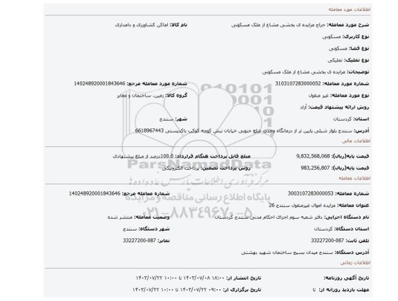 مزایده، مزایده ی بخشی مشاع از ملک مسکونی