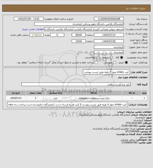 استعلام کیت inhibin چهار 4 پلیته طبق لیست پیوست