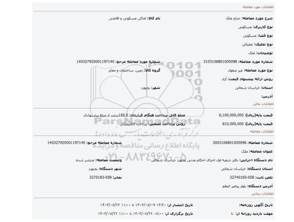 مزایده، ملک