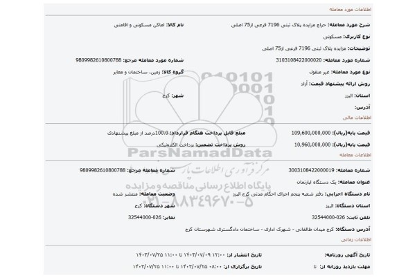 مزایده، مزایده پلاک ثبتی 7196 فرعی از75 اصلی