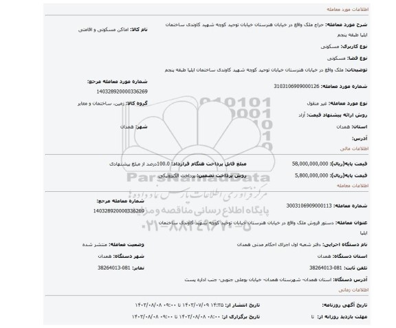 مزایده، ملک واقع در خیابان هنرستان خیابان توحید کوچه شهید کاوندی ساختمان ایلیا طبقه پنجم
