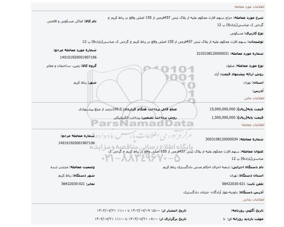 مزایده، سهم الارث محکوم علیه از پلاک ثبتی 457فرعی از 155 اصلی واقع در رباط کریم خ گرجی ک عباسی(یاران6) پ 12