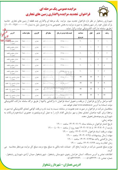 تجدید مزایده واگذاری زمین های تجاری