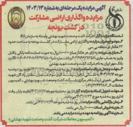 مزایده واگذاری اراضی مشارکت در کشت یونجه