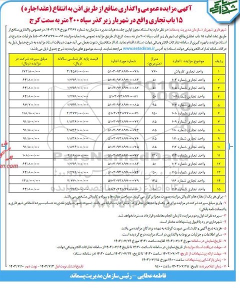 آگهی مزایده عمومی واگذاری منافع از طریق اذن به انتفاع
