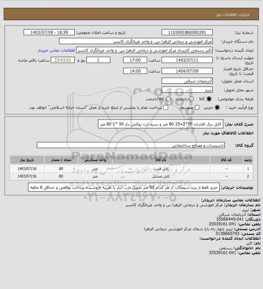 استعلام کابل برق افشان 50*3+25 80 متر و سیم ارت روکش دار 50 *1 80 متر