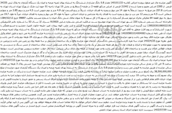 مزایده ششدانگ به استثناء بهای ثمنیه عرصه و اعیان یک دستگاه آپارتمان به پلاک ثبتی 34335 فرعی از 2395 اصلی 