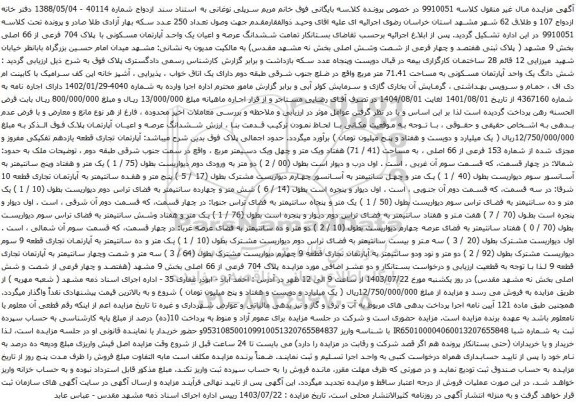 مزایده ششدانگ عرصه و اعیان یک واحد آپارتمان مسکونی با پلاک 704 فرعی از 66 اصلی بخش 9 مشهد