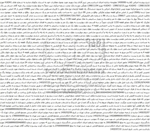 مزایده ششدانگ یک قطعه آپارتمان نوع ملک طلق با کاربری مسکونی تحت پلاک ثبتی 14985 فرعی از 14 اصلی 