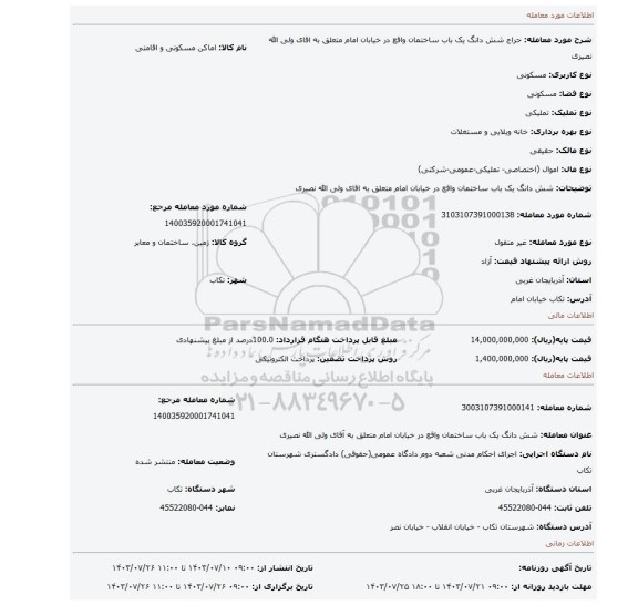 مزایده، شش دانگ یک باب ساختمان واقع در خیابان امام متعلق به اقای ولی الله نصیری