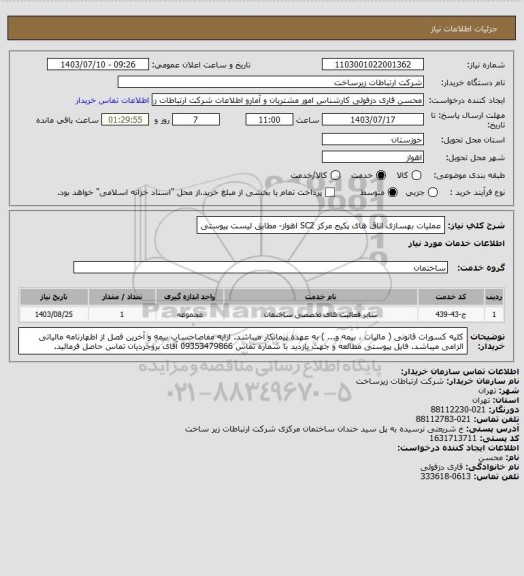 استعلام عملیات بهسازی اتاق های پکیج مرکز SC2  اهواز- مطابق لیست پیوستی