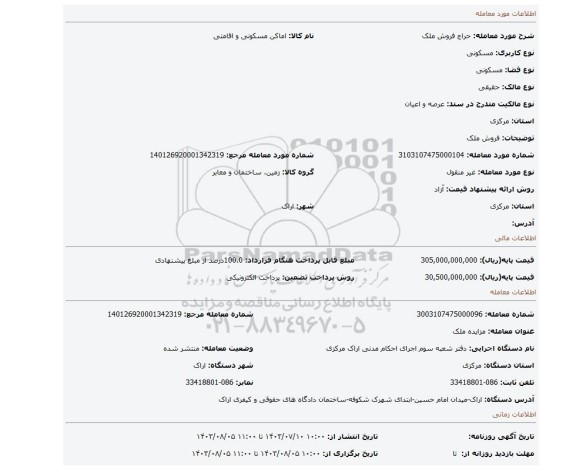 مزایده، فروش ملک