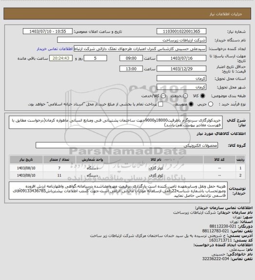 استعلام خریدکولرگازی سردوگرم باظرفیت18000و9000جهت ساختمان پشتیبانی فنی ومنابع انسانی ماهواره کرمان(درخواست مطابق با فهرست مقادیر پیوست می باشد)