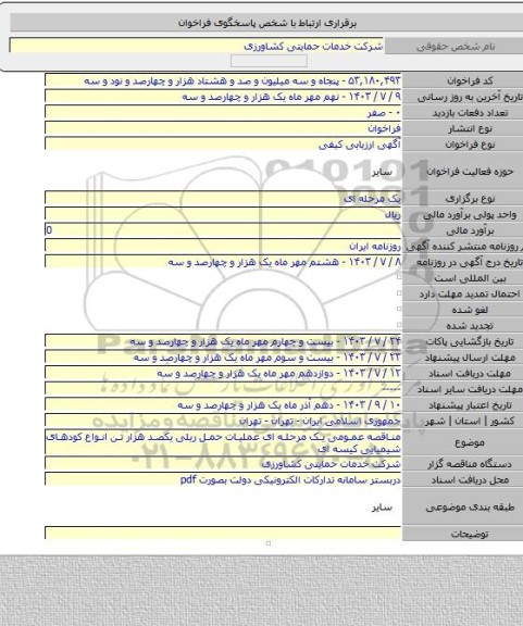 مناقصه, مناقصه عمومی یک مرحله ای عملیات حمل ریلی یکصد هزار تن انواع کودهای شیمیایی کیسه ای