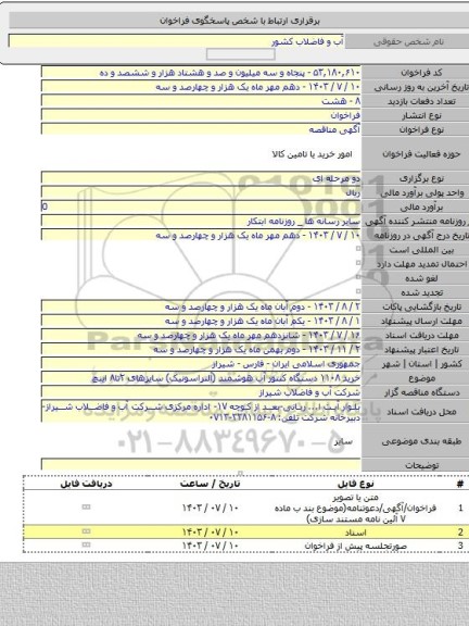 مناقصه, خرید ۱۱۰۸ دستگاه کنتور آب هوشمند (آلتراسونیک) سایزهای ۲تا۸ اینچ