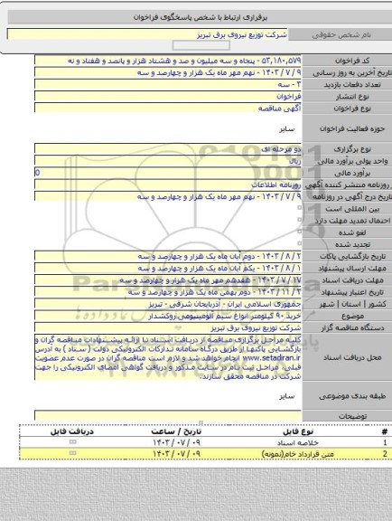 مناقصه, خرید ۹۰ کیلومتر انواع سیم آلومینیومی روکشدار