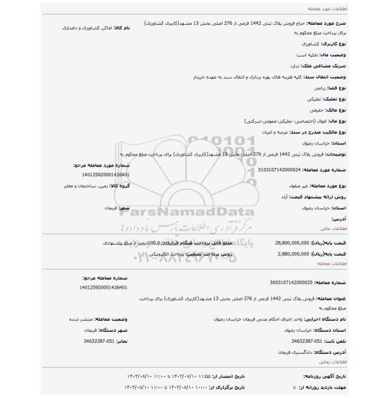 مزایده، فروش پلاک ثبتی 1442 فرعی از 276 اصلی بخش 13 مشهد(کاربری کشاورزی) برای پرداخت مبلغ محکوم به