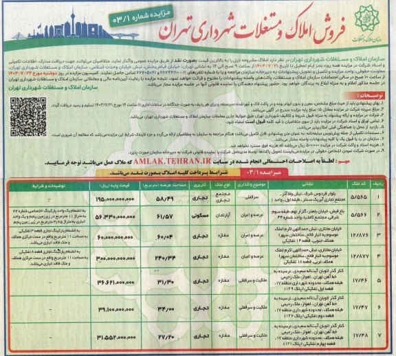 مزایده فروش املاک و مستغلات کاربری تجاری و مسکونی