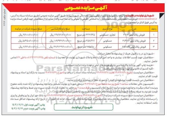 مزایده عمومی فروش سه قطعه زمین