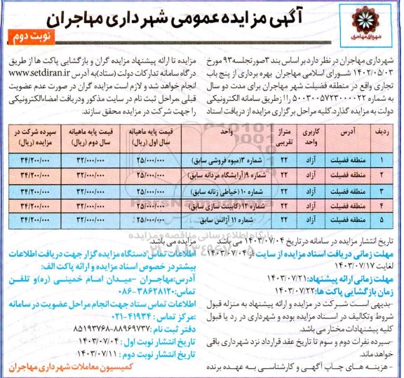 مزایده بهره برداری از پنج باب تجاری / نوبت دوم
