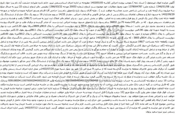 مزایده ششدانگ یک قطعه خانه تحت پلاک ثبتی یک فرعی از پنج هزار و هشتصد و ده اصلی 