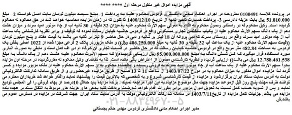 مزایده فروش یکباب ساختمان تجاری-مسکونی