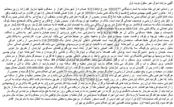 مزایده فروش ملک به مساحت 59.8متر مربع