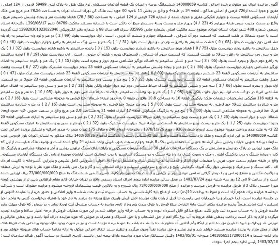مزایده ششدانگ عرصه و اعیان یک قطعه آپارتمان مسکونی نوع ملک طلق به پلاک ثبتی 59499 فرعی از 124 اصلی 