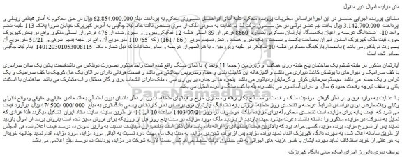 مزایده فروش ششدانگ عرصه و اعیان یکدستگاه آپارتمان مسکونی بشماره 8660 فرعی از 89 اصلی قطعه 12 تفکیکی مفروز و مجزی شده از 476 فرعی از اصلی