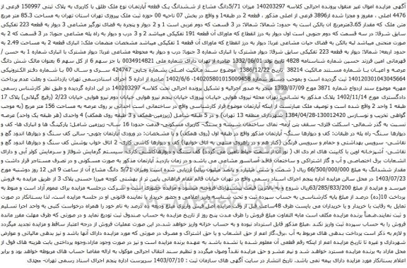 مزایده ششدانگ یک قطعه آپارتمان نوع ملک طلق با کاربری به پلاک ثبتی 150997 فرعی از 4476 اصلی 