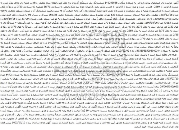 مزایده ششدانگ یک دستگاه آپارتمان نوع ملک طلق قطعه سوم تفکیکی 
