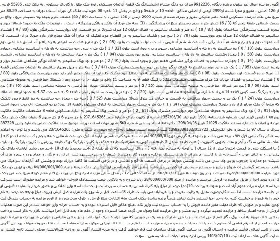 مزایده دو دانگ مشاع ازششدانگ یک قطعه آپارتمان مسکونی نوع ملک طلق با کاربری مسکونی 