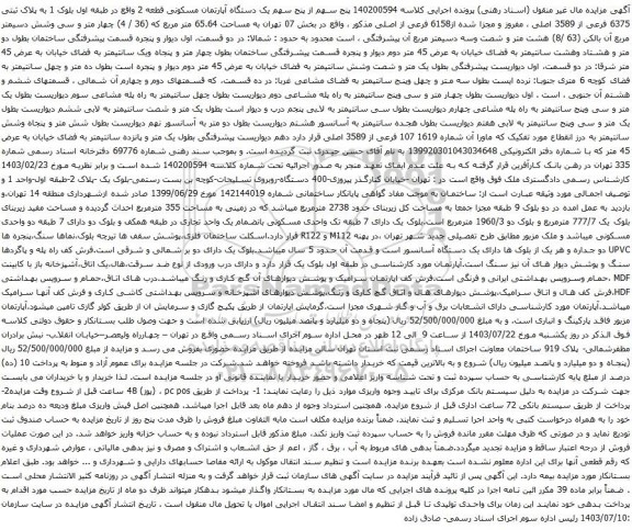 مزایده یک دستگاه آپارتمان مسکونی قطعه 2 واقع در طبقه اول بلوک 1 به پلاک ثبتی 6375 فرعی از 3589 اصلی