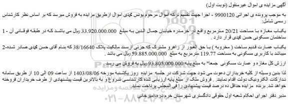 مزایده فروش یکباب مغازه با مساحت 20/21 مترمربع