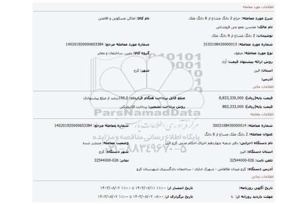 مزایده، 2 دانگ مشاع از 6 دانگ ملک